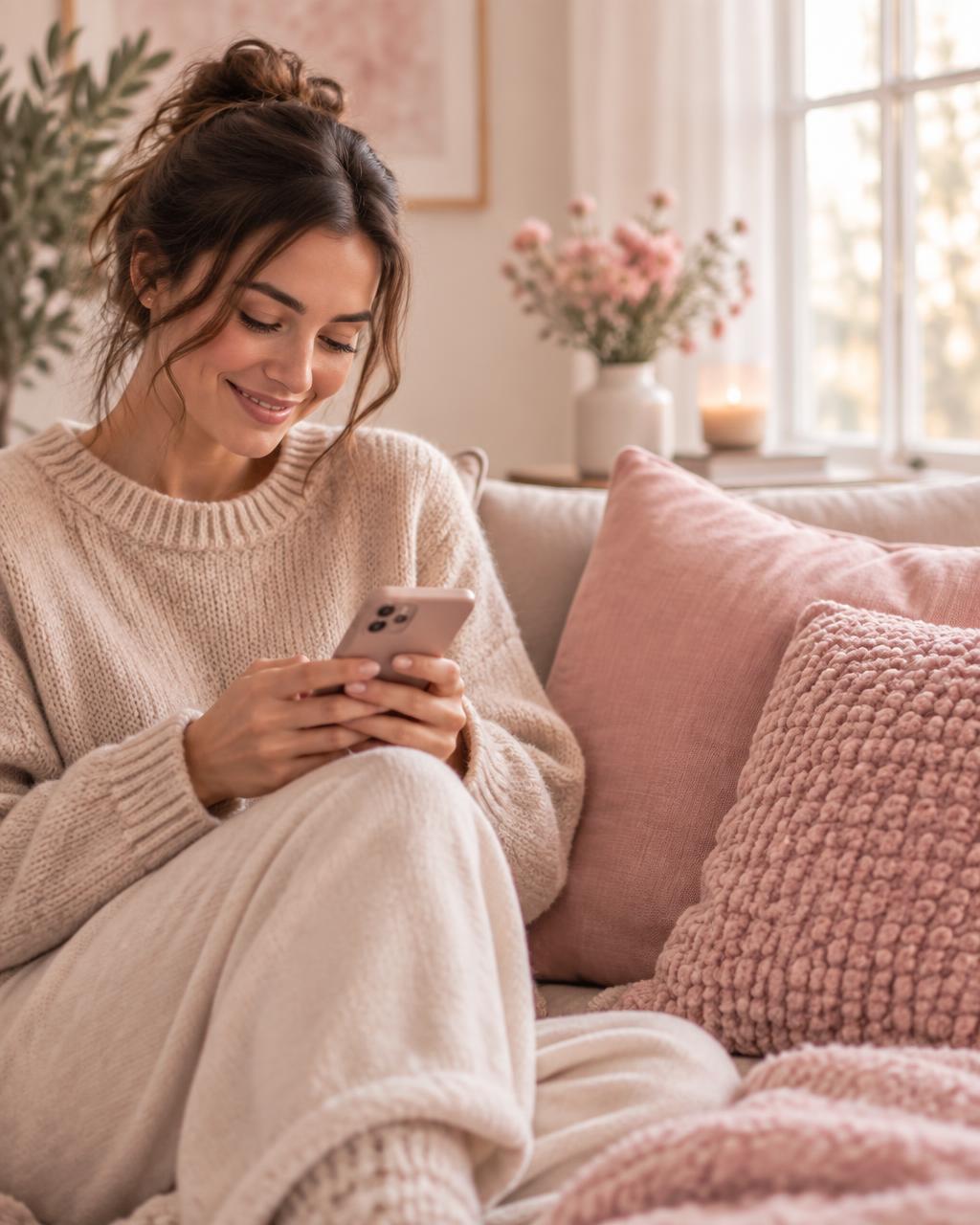 A woman smiling at her phone on a cosy couch